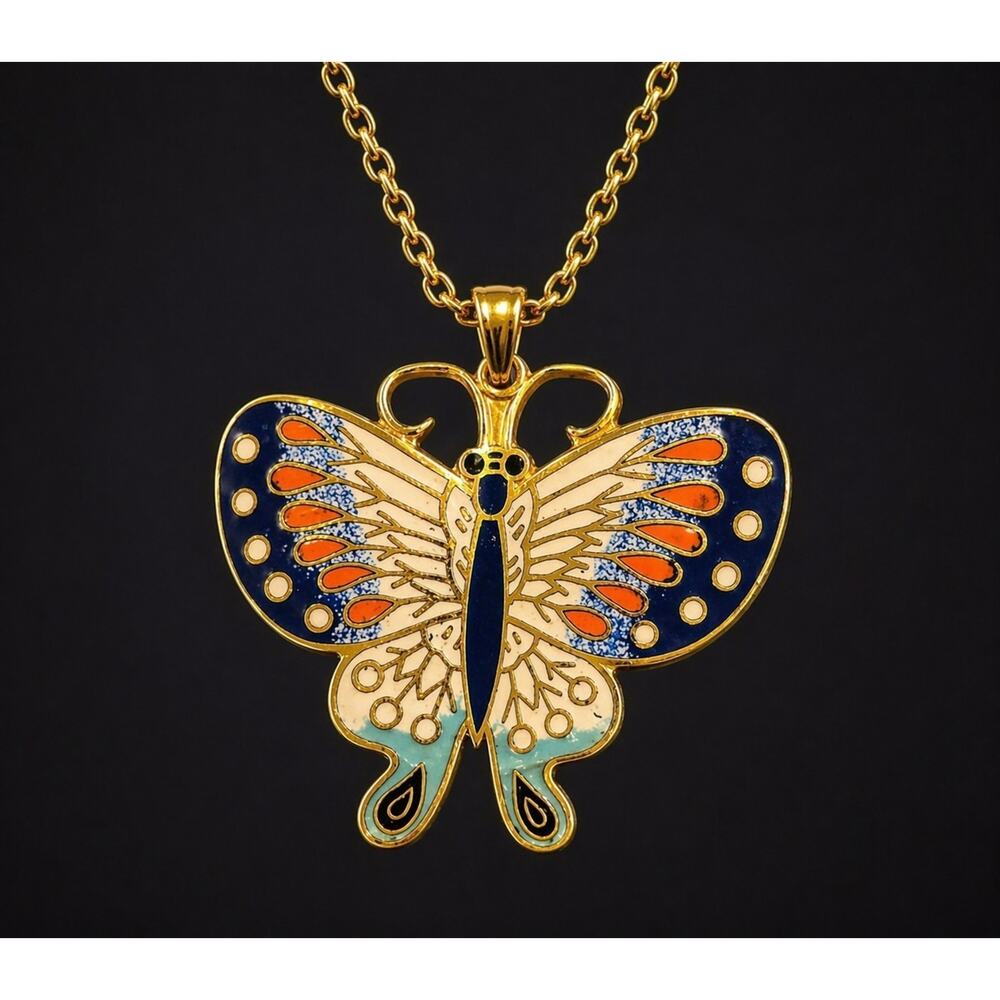 Vintage Enameled‎ Butterfly Brooch Pin Pendant Blue Orange - Large 1.75" ab1-109